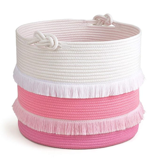 CherryNow Large Rope Basket – 16''x13'' Pink Decorative Woven Basket for Toys, Blankets, or Laundry, Cute Tassel Decor for Baby & Girl - Home Storage Container