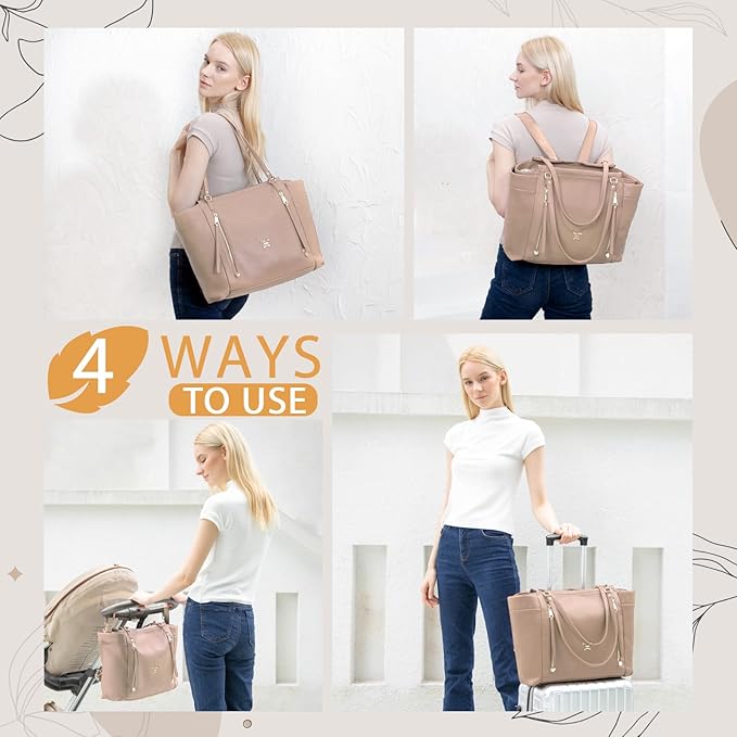 miss fong Diaper Bag Tote Leather Diaper Bag Backpack, Large Capacity Mommy Bag Hospital Bag, 12 Pockets Travel Diaper Tote with Changing Pad，Stroller Straps & Insulated Pockets for Mom & Dad-Khaki