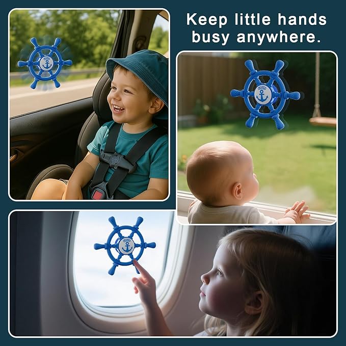 Bathtub Suction Spinner Toys - Silicone Bath & High Chair Sensory Toy for Babies & Toddlers, Novelty Spinning Top with Suction Cup, Car Window Travel Toys (Ship Steering Wheel Toy - Blue)