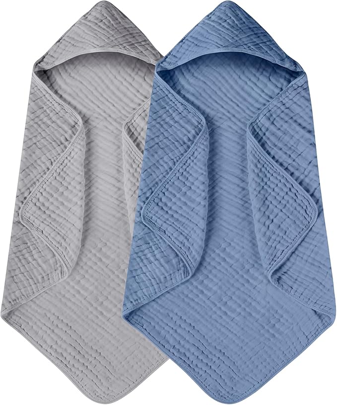 Yoofoss Hooded Baby Towels for Newborn 2 Pack 100% Muslin Organic Cotton Baby Bath Towel with Hood for Babies, Infant, Toddler and Kids, 32x32Inch, Soft and Absorbent Newborn Essential,Grey& Dark Blue
