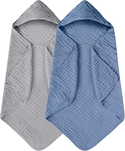 Yoofoss Hooded Baby Towels for Newborn 2 Pack 100% Muslin Organic Cotton Baby Bath Towel with Hood for Babies, Infant, Toddler and Kids, 32x32Inch, Soft and Absorbent Newborn Essential,Grey& Dark Blue