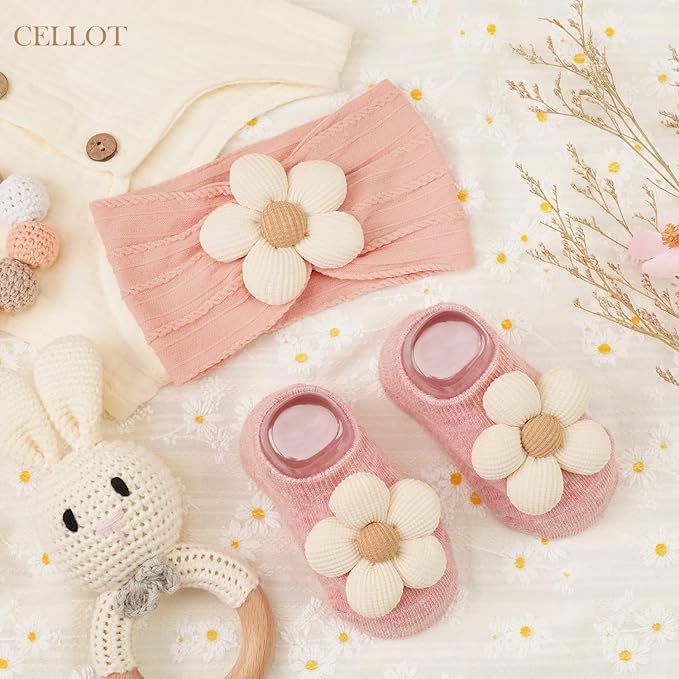 CÉLLOT Baby Girl Headband and Socks, Non-Slip Floral Socks and Soft Floral Nylon Hairbands for Babies Infants and Toddlers