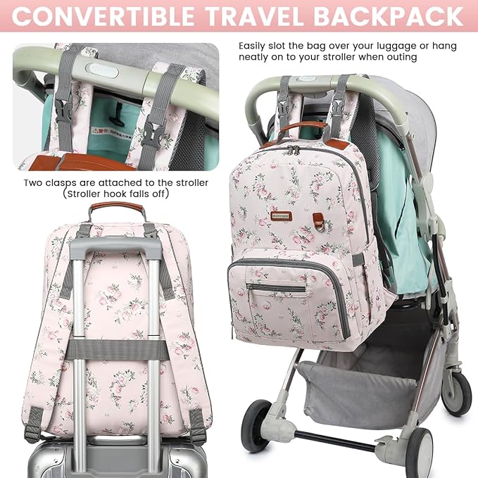 Diaper Bag Backpack, Large Baby Nappy Bags with Portable Changing Pad for Boys and GirlsMultifunction Travel Baby Bag for Moms Dads, Shower Gifts Waterproof and Stylish，Flower Pink
