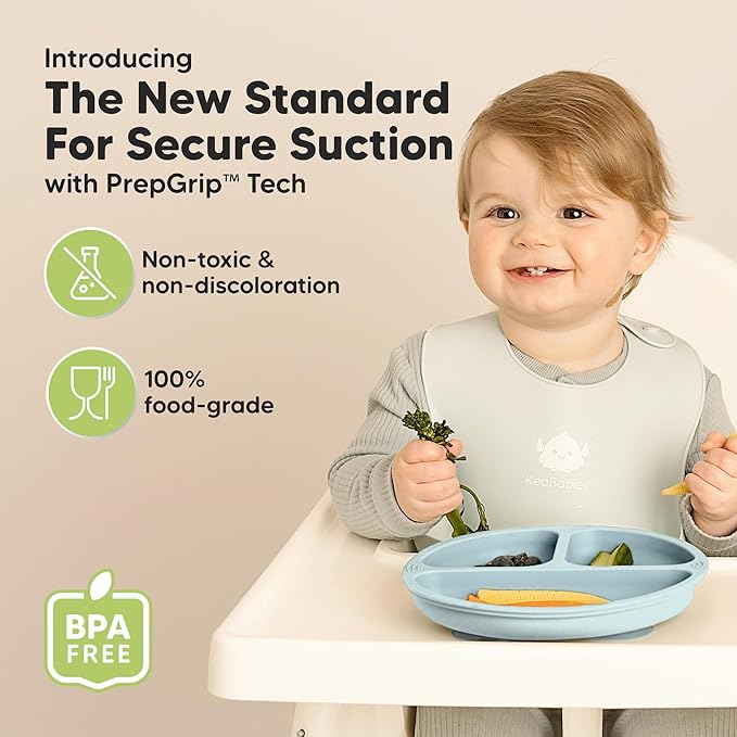 KeaBabies Suction Plates for Baby, Toddler - 3-Pack 100% Silicone Toddler Plates with Suction, Divided, BPA-Free Baby Led Weaning Essentials for Kids, Dishwasher, Microwave Safe, Durable (Alps)