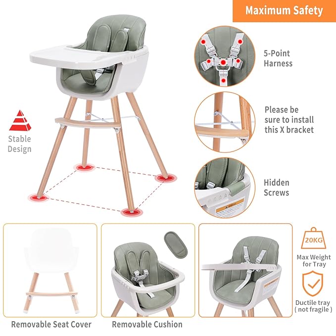 Mallify 3-in-1 Convertible Wooden High Chair, High Chairs for Babies and Toddlers, Baby High Chair with Adjustable Legs & Dishwasher Safe Tray, Made of Sleek Hardwood & Premium Leatherette, Green