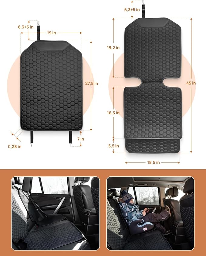 Owleys Car Seat Kick Mat & Protector Set Black – Universal Back Seat Cover for Kids & Pets – Waterproof Anti-Slip Car Seat Protector + Kick Mat – Protects Upholstery from Dirt & Scratches