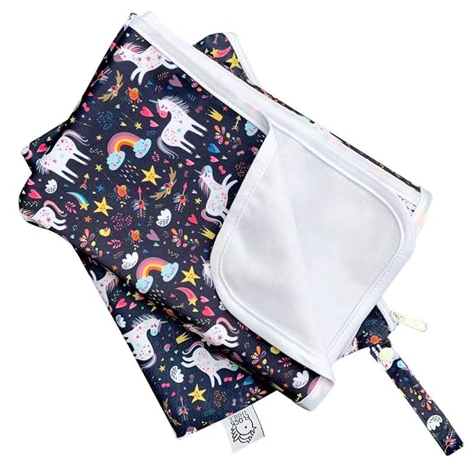 Flockthree Waterproof Baby Diaper Changing Pad with Storage Bag (28.7" X 19.7") Washable Wipeable Reusable Leak Proof Diaper Travel Mat Station Changing Mattress Liner Cribs Bed Cover, Unicorns