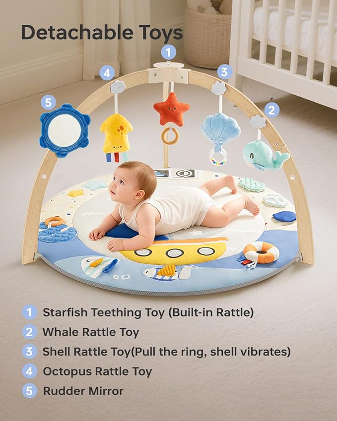 Baby Play Gym Activity Mat, 5 Developmental Zones Wooden Tummy Time Mat with 7 Detachable Sensory Toys for Motor Skills & Sensory Development, Baby Essentials Shower Gift, Easy to Install