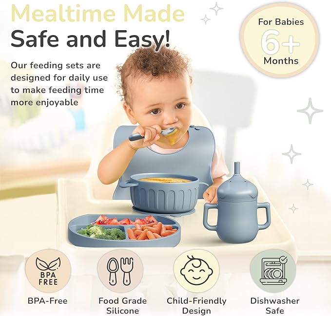 mimi & kiki BPA-Free Silicone Baby Feeding Set, Baby Plates and Bowls Set, Baby Led Weaning Supplies, Silicone Suction Plate, Baby Utensils, Bib and Cup, Self Feeding, Dishwasher Safe (Blue)