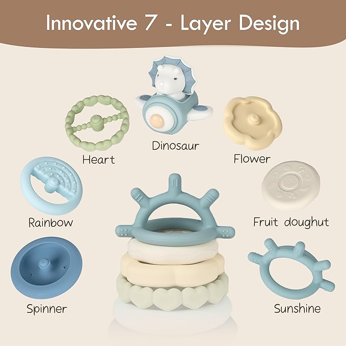 Moonkie Dinosaur Baby Stacking Toys | 7-Piece Silicone Rings for Teething Relief | Educational Toy for Infants & Toddlers 6 Months+ | Baby Boy Essentials