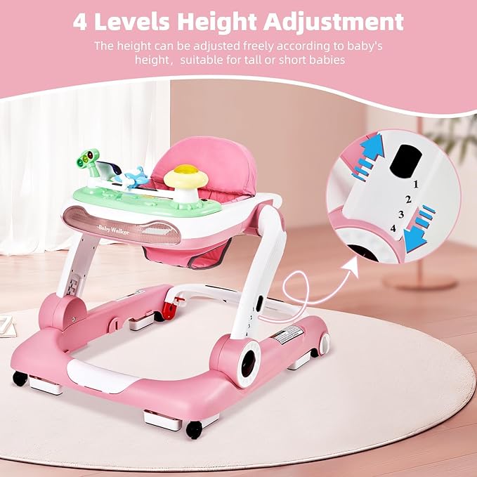 Music and Lights Baby Walker with Wheels,5-in-1 Baby Activity Center with Removable Toys and Music Bouncer,Adjustable Height Baby Walkers for Boys Girls Babies 6-18 Months