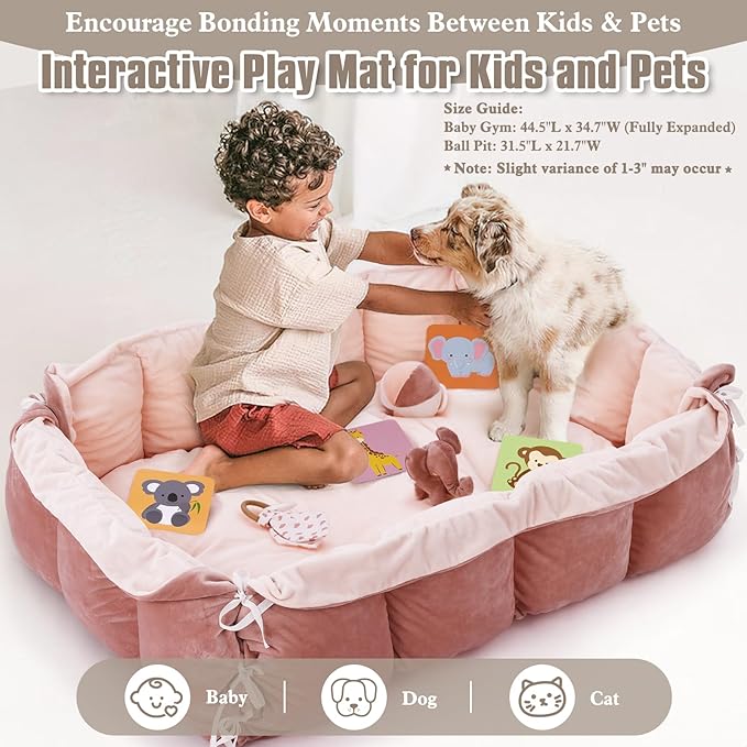 5-in-1 Plush Baby Play Gym, Baby Play Mats, Convertible Baby Gym with Pillow, Tummy time mat, Baby&Ped Bed, 6 Sensory Toys, Activity Center from Newborn to Toddler, Ball Pit, Rectangular Pink