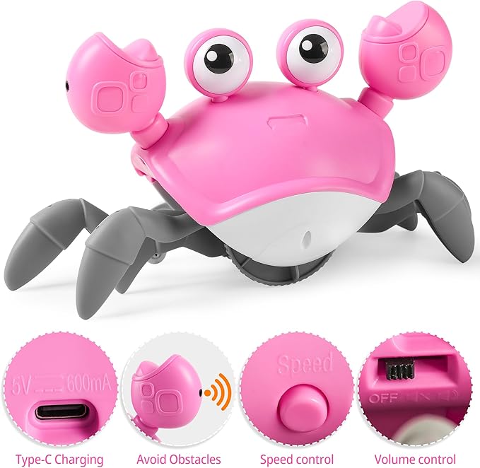 Crawling Crab Baby Girl Toy: Tummy Time Toys for Infant 3 6 9 12 18 24 36 Months, Pink Walking Dancing Sensing Crab for Toddler Age 1 2 3, 1st Music Birthday Gift for Girl, Christmas Stocking Stuffers