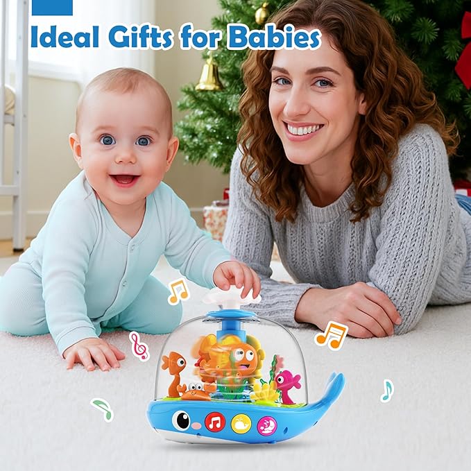 DUPHLAGT Baby Toys 6-12 Months - Toys for 1 Year Old Boy Girl Birthday Gift Press & Spin Aquarium Musical Light Up Infant Toys 12-18 Months - Bilingual Learning Toy for 1 2 Year Old (Blue)