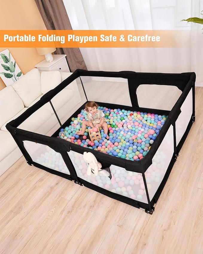 Foldable Baby Playpen with Gate, Extra Large Collapsible Play Yard for Babies & Toddlers, Portable Travel Playpen, Baby Activity Center for Indoor & Outdoor Use (Black 51"×51")