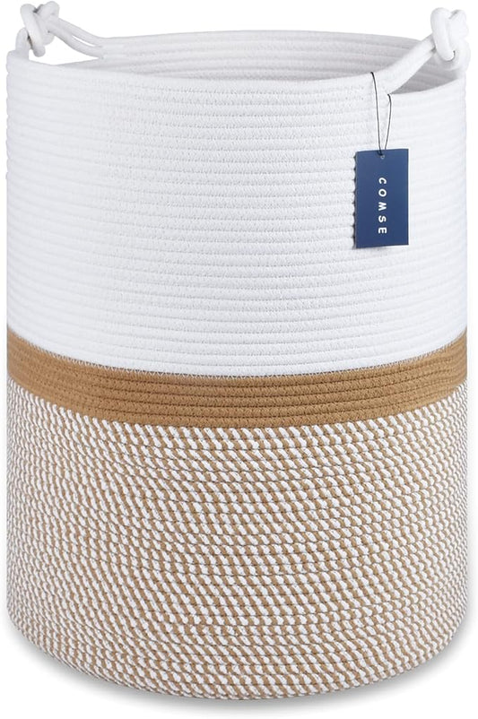 COMSE Extra Large Blanket Basket, Tall Woven Storage Basket, Nursery Hamper, 15.7”x 21.7”, Cotton Rope Laundry Hamper for Toys Clothes Towels, Blend White/Camel
