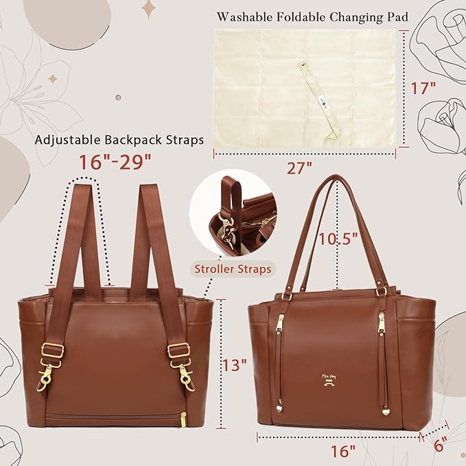 miss fong Diaper Bag Tote Leather Diaper Bag Backpack, Large Capacity Mommy Bag Hospital Bag, 12 Pockets Travel Diaper Tote with Changing Pad，Stroller Straps & Insulated Pockets for Mom & Dad-Brown