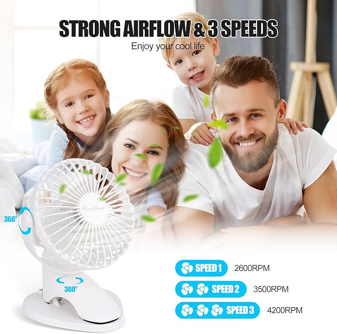 Portable Clip Fan Battery Operated,3 Speeds USB Rechargeable Mini Table Fan with Strong Airflow,360°Rotation Ultra Quiet Personal Desk Fan for Home Office Bedroom Dorm Stroller Camping(White)