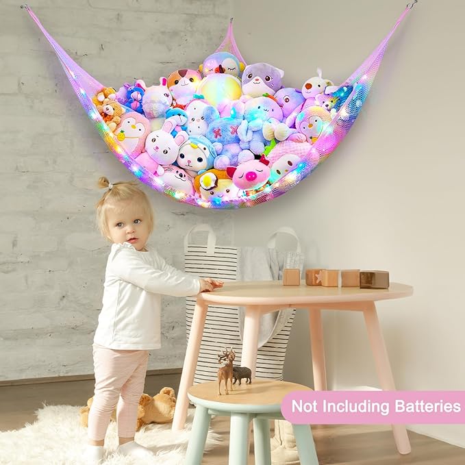 Unicorn Castle Stuffed Animals Net or Hammock Kids Toy Storage Organizer with LED Light Hanging Corner Stuffed Animals Holder Kids Girls Room Decor (Pack of 1)