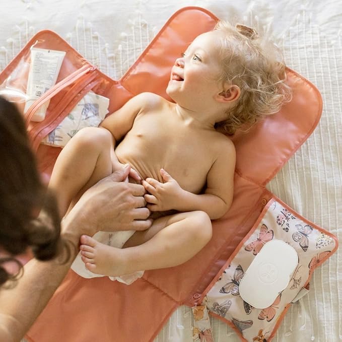 Tiny Twinkle Portable Diaper Changing Pad – Foldable, Waterproof & Compact Travel Changing Mat with Storage | Smart Wipes Pocket for On-The-Go Parents(Flutter)