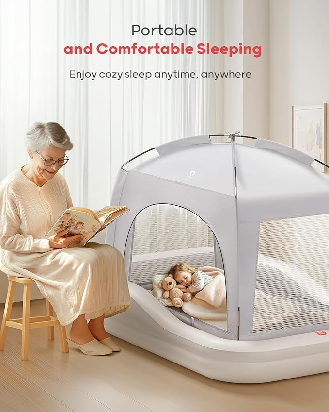 QPAU Inflatable Toddler Travel Bed with Tent, Baby Crib Tent, Portable Kids Air Mattress with Safety Bumpers, Ideal for Home, Grandma's, Camping, Traveling -Includes Fast Electric Pump (Grey)