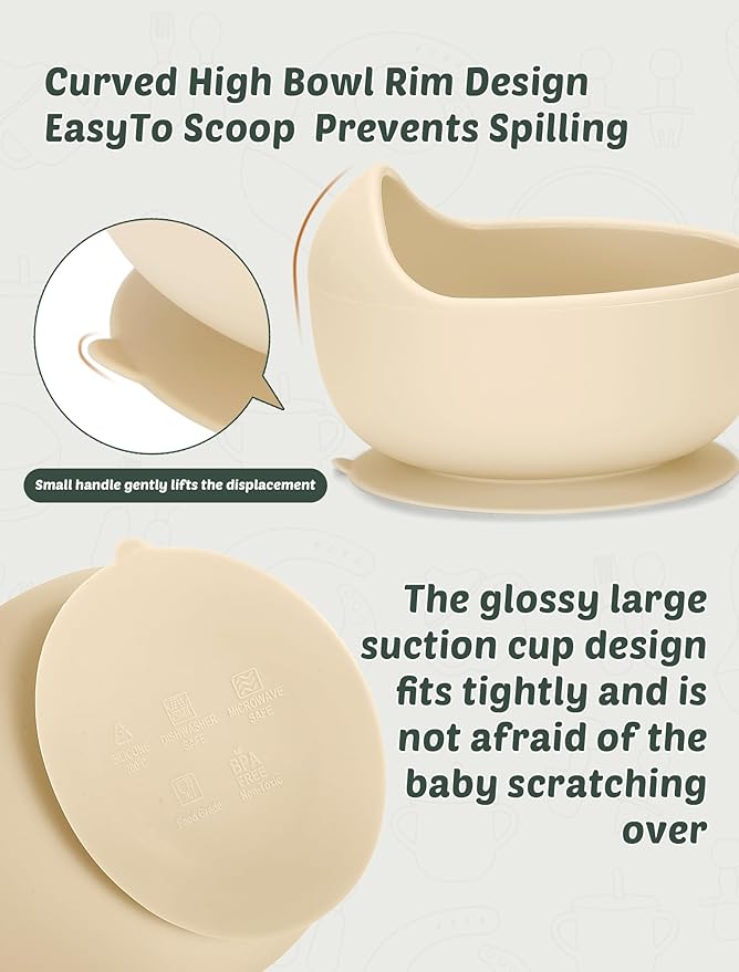 24 PCS Silicone Baby Feeding Set, Baby Led Weaning Supplies Includes Suction Bowls and Divided Plates, Adjustable Silicone Bib, Spoons&forks, Training cup with straw (Green+Brown+Beige)