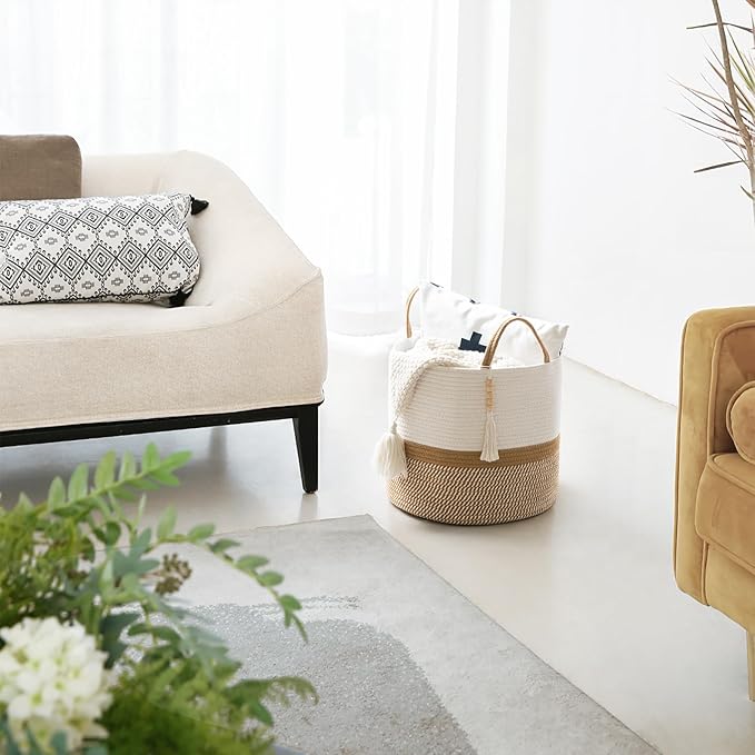 Mkono Woven Storage Basket Decorative Natural Rope Basket Wooden Bead Decoration for Blankets,Toys,Clothes,Shoes,Plant Organizer Bin with Handles Living Room Home Decor, 16"W×13.8"L, White and Brown