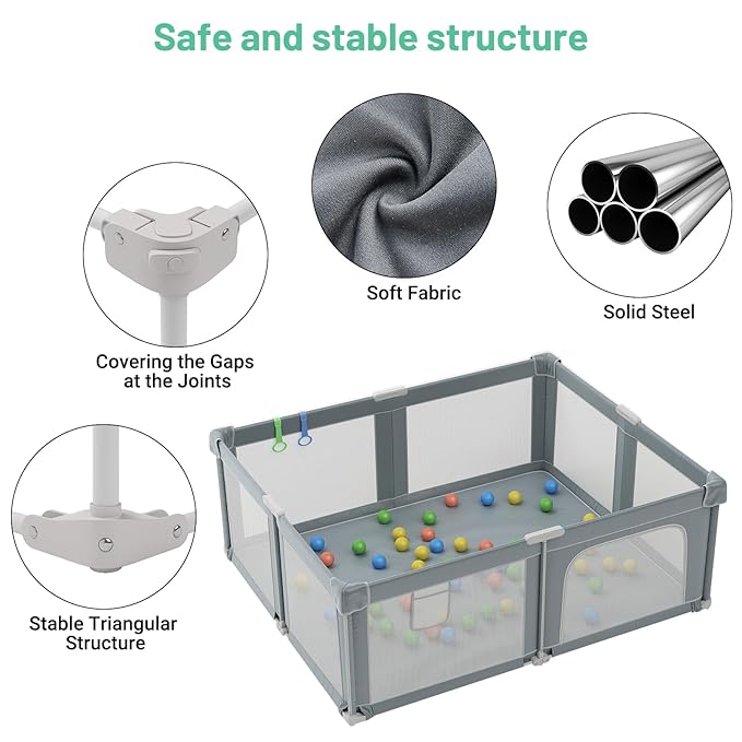 Baby Playpen with Mat for Babies and Toddlers, 73" x 61" Large Baby Play Pen Playard for Indoor & Outdoor with Soft Breathable Mesh, Ocean Balls and Pull Links, Dark Grey