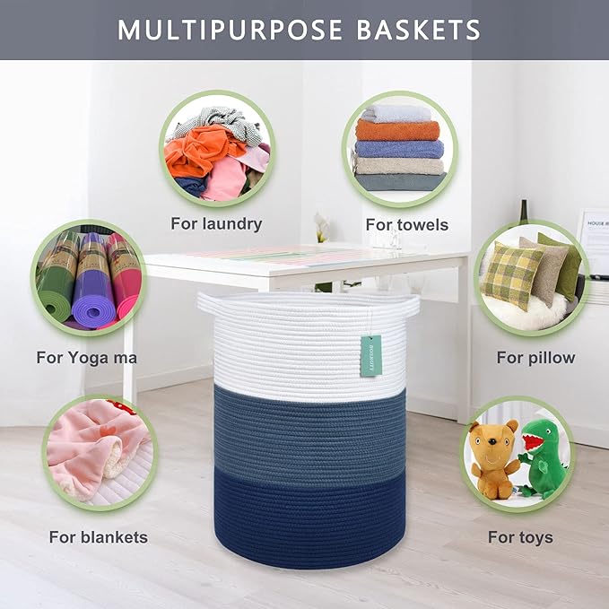 Large Blanket Basket, Nursery Hamper, Tall Laundry Basket 72L, Cotton Rope Woven Laundry Hamper for Storage Toys Clothes Towels, 16”x 22”, White & Cadet Blue & Navy Blue