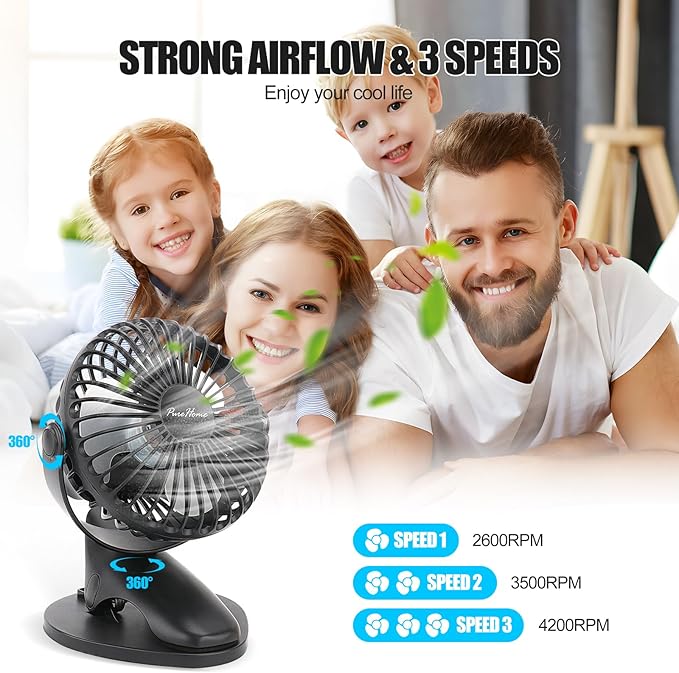 Portable Clip Fan Battery Operated,3 Speeds USB Rechargeable Mini Table Fan with Strong Airflow,360°Rotation Ultra Quiet Personal Desk Fan for Home Office Bedroom Dorm Stroller Camping(Black)