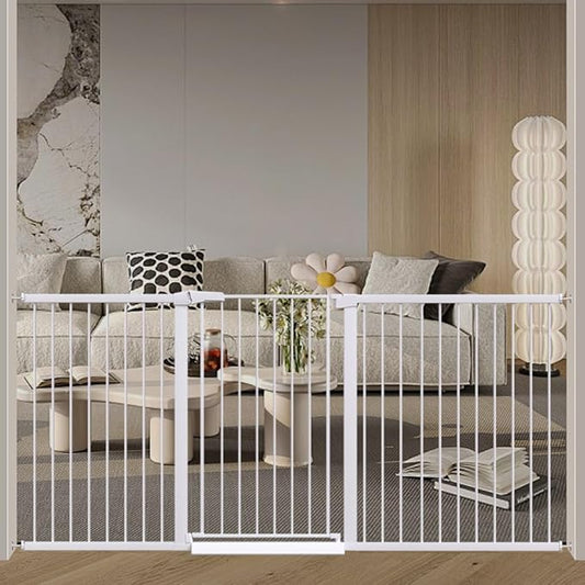 Fairy Baby 38" Extra Tall Dog Gates Indoor, 81.9"-84.6" Extra Wide Baby Gates for Large Openings, Metal Auto Close Safety Child Gate Indoor, Pressure Mounted Pet Gate No Climb Fence, White