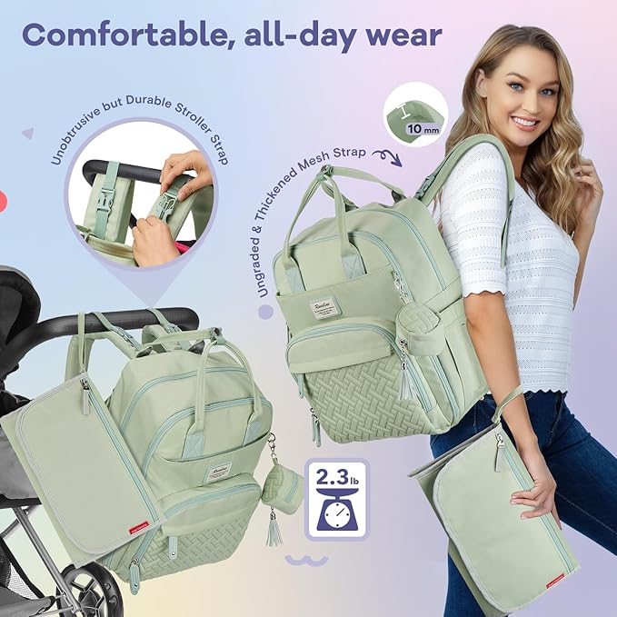 RUVALINO Diaper Bag Backpack, Multifunction Travel Pack Maternity Baby Changing Bags, Large Capacity, Waterproof, Light Green