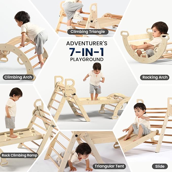 BlueWood Pikler Triangle Set 7-in-1 Foldable Baby Climbing Wooden Toys with Arch&Ramp&Ladder Climber Indoor Jungle Gyms for Toddlers - Natural Wood