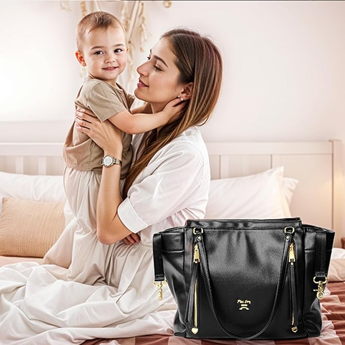 miss fong Diaper Bag Tote Leather Diaper Bag Backpack,Large Capacity Mommy Bag Hospital Bag,12 Pockets Travel Diaper Tote with Changing Pad,Stroller Straps & Insulated Pockets for Mom & Dad-Black
