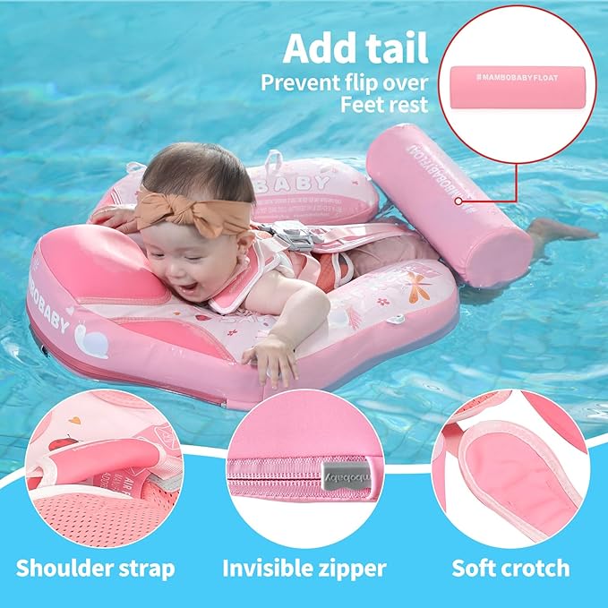 Mambobaby Float with Canopy and Tail New Upgraded Non-Inflatable Baby Pool Float Mambo Float Swim Trainer Solid Infant Swim Float Adjustable Pearl Foam Baby Swim Ring