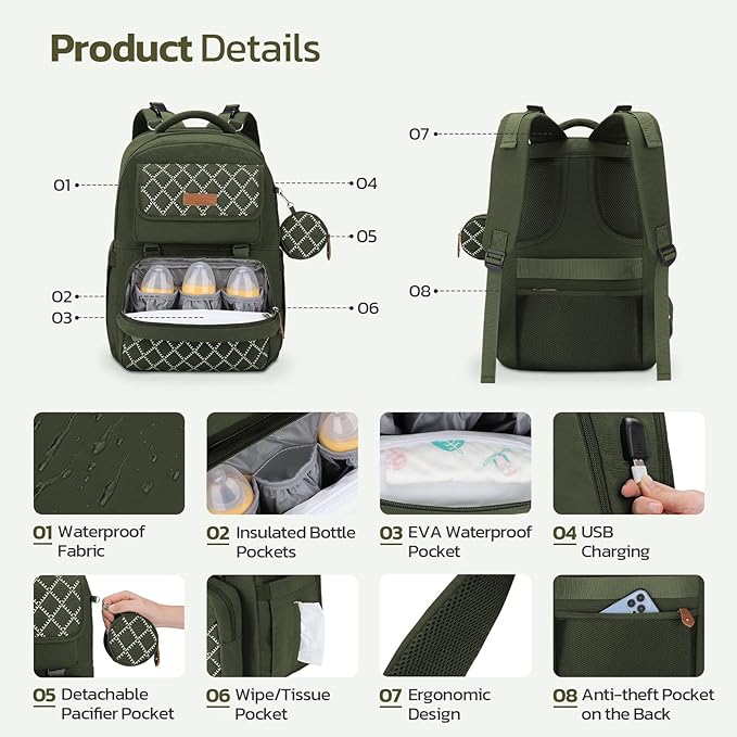 Large Diaper Bag,29L-45L Expandable Diaper Bag Backpack for 2 Kids/Twins Baby Stuff, with Removable Cross Body Bottle Bag for Mom/Dad,Stylish Baby Bag Gift for Boys/Girl-Army Green