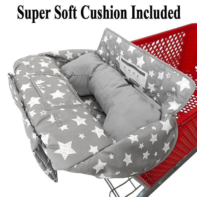 Soft Pillow Attached 2-in-1 Shopping Cart and High Chair Cover for Baby, Cotton Padded Cart Cover, Fold'n Roll Style, Portable with Carry Bag (Gray Stars)