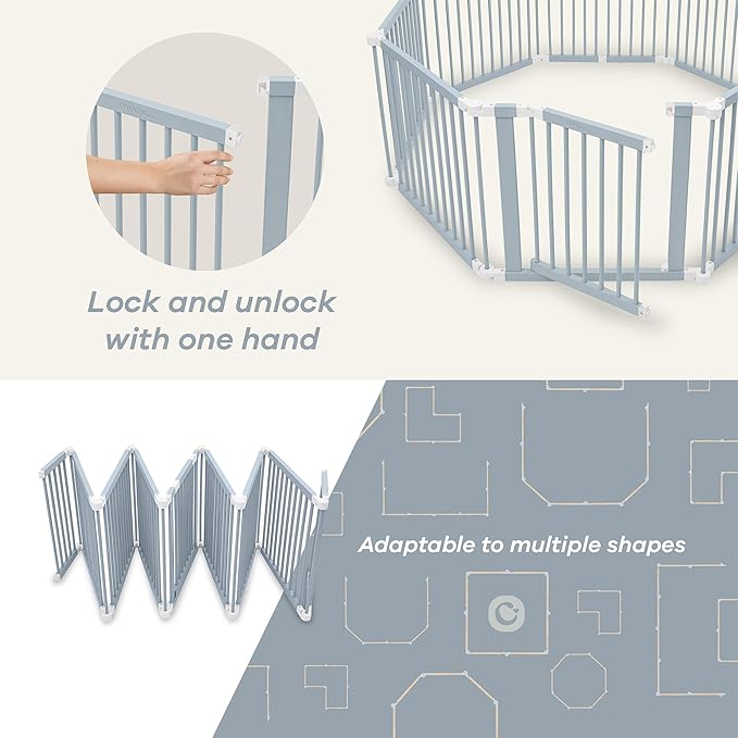 Comfy Cubs Baby Gate Playpen - 57 x 57 x 25 in, Extends Up to 228” - Pine Wood Foldable Playpen with Child-Proof Lock - Easy Assembly Baby Fence Play Area for Babies & Toddlers - Pacific Blue