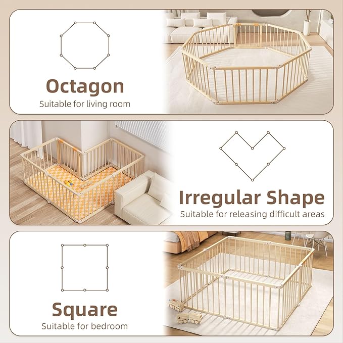 Baby Playpen, Wooden Playpen for Babies and Toddlers, Foldable Play Yard with Gate, 8 Panels Baby Fence, Indoor Play Area, Child Activity Center
