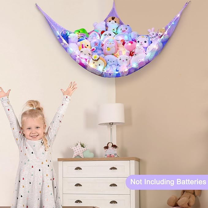 Unicorn Castle Stuffed Animals Net or Hammock Kids Toy Storage Organizer with LED Light Hanging Corner Stuffed Animals Holder Kids Girls Room Decor (Pack of 1)
