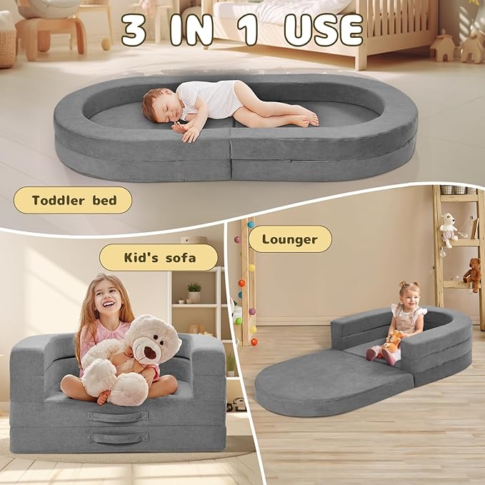 Travel Toddler Bed, 3-in-1 Portable Foldable Toddler Chair,Soft Foam Floor Bed Lounger with Washable Cover,Grey