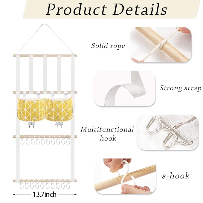 kangaroo Hairband Organizer for Baby Girls, Large Capacity Bow Holder Hair Accessories Wall Hanging Organizer with 20 S-hooks and 2 Pockets, Yellow