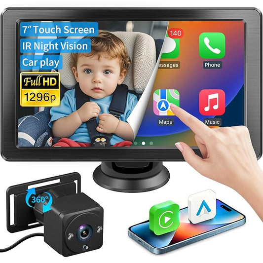 1296p Full HD Baby Car Camera, Car Baby Monitor with 7" Touchscreen, CarPlay, No-Glow Night Vision, 150° Wide Angle, Live Rear Seat View, Easy Installation, Fits Most Cars