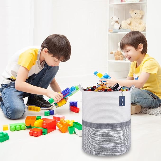 COMSE Extra Large Blanket Basket, Tall Woven Storage Basket, Nursery Hamper, 15.7”x 21.7”, Cotton Rope Laundry Hamper for Toys Clothes Towels, Blend White/Gray