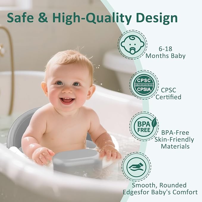 Baby Bath Seat for Babies 6 Months & Up, 360°Protection Bath Seats for Babies Sitting Up, Lockable Armrests, Non-Slip Comfortable Toddler Bath Seat with Soft Cushion