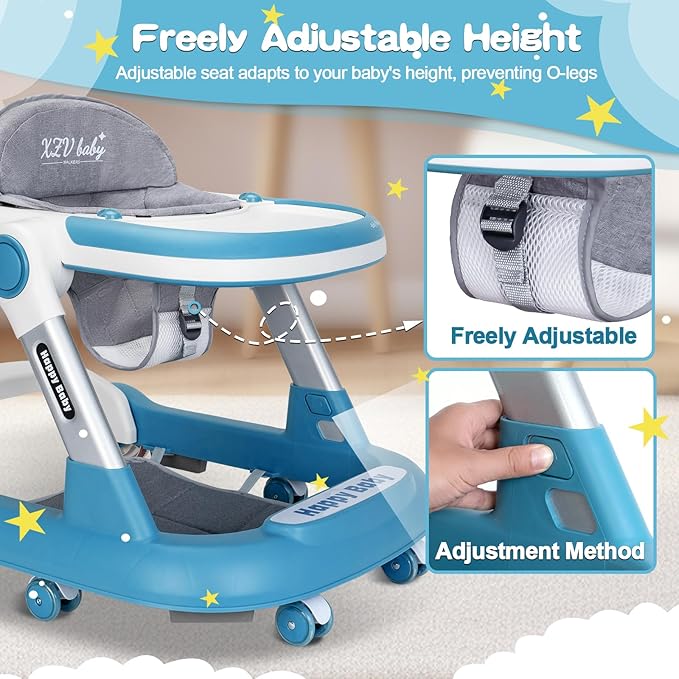 Baby Walker with Wheels 4 in 1 Foldable Activity Center with Mute Wheels Adjustable Heights Anti-Fall Activity Center for Boys Girls Safe Infant Toddler Walker with Footrest for 6-24 Months