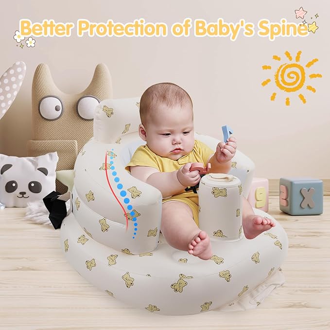 Inflatable Baby Seat with Harness for Babies 3 Months & Up, Baby Floor Chair for Sitting Up, Baby Seats for Infants, Blow Up Baby Chair with Built in Air Pump - Bear