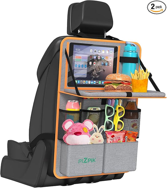 Car Backseat Organizer with Tablet Holder,11 Storage Pockets with Foldable Food Tray, Protector Kick Mats for Kids, Travel Accessories Organizer (Orange, 1Pack)