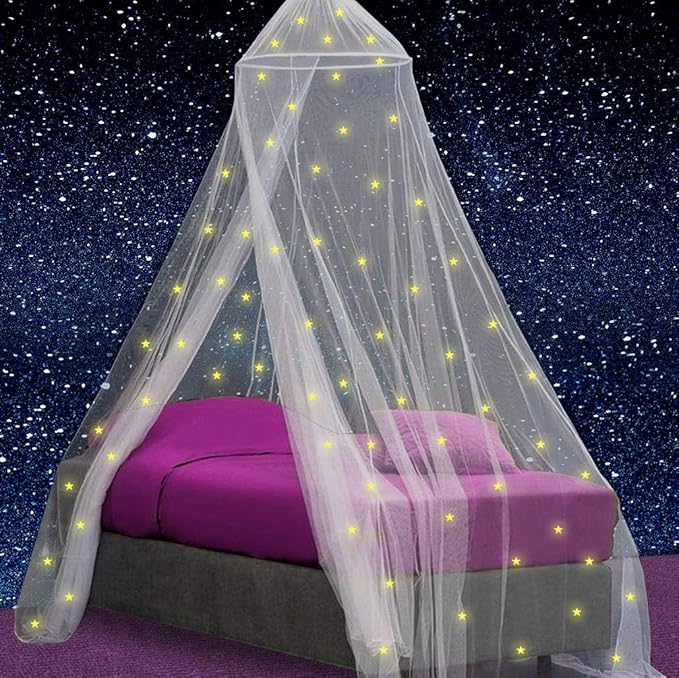 Canopy for Girls Bed with Pre-Glued Glow in The Dark Stars - Princess Mosquito Net Room Decor - Kids & Baby Bedroom Tent with Galaxy Lights - 1 Opening Canopy Bed & Hanging Kit Included