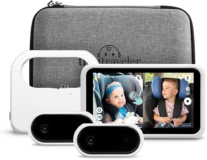 Tiny Traveler Baby Car Camera for 2 Kids, 5” Touch Screen Baby Car Monitor with Power Bank, No WiFi Baby Camera – Rear-Facing Car Seat Monitor Night Vision Baby Reminder Alert - White